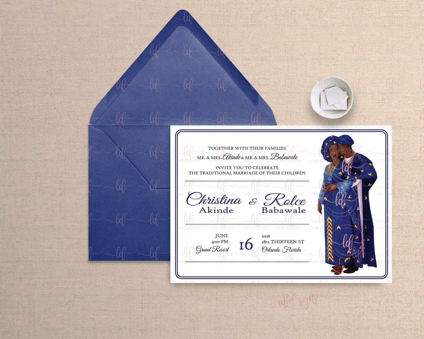 Ade Traditional Wedding Invitation | Yoruba Wedding Invitation | Nigerian Traditional Design | Digital File Blue - Bleu