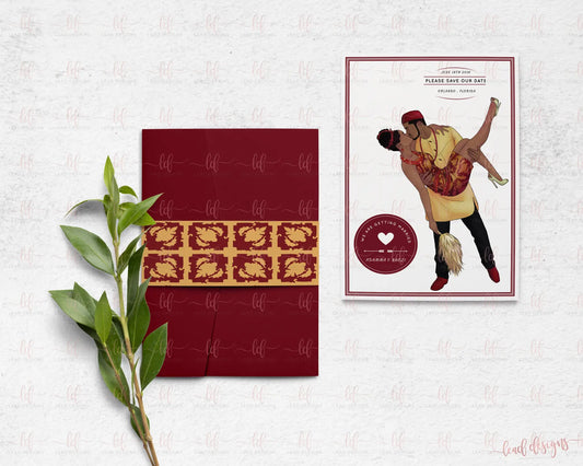 this is a picture of a nigerian traditional wedding save the date with an illustration of a couple wearing an igbo attire
