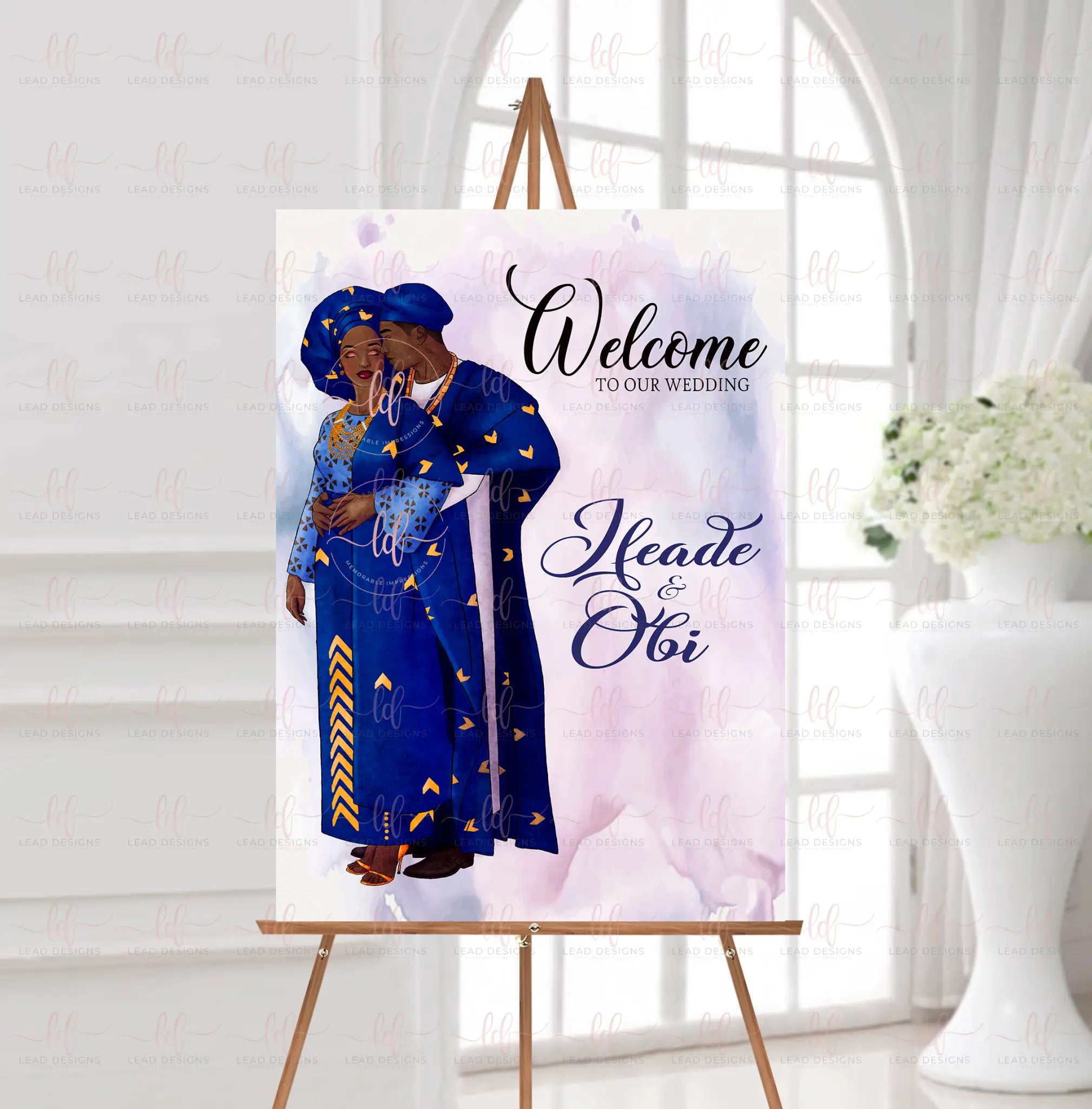 Ade Yoruba Traditional Wedding Welcome Sign | Aso Oke & Agbada Illustration | Digital File – Multiple Color Options