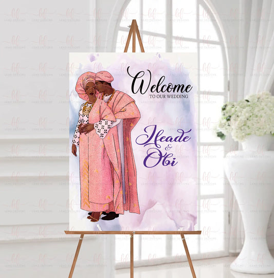 Ade Yoruba Traditional Wedding Welcome Sign | Aso Oke & Agbada Illustration | Digital File – Multiple Color Options