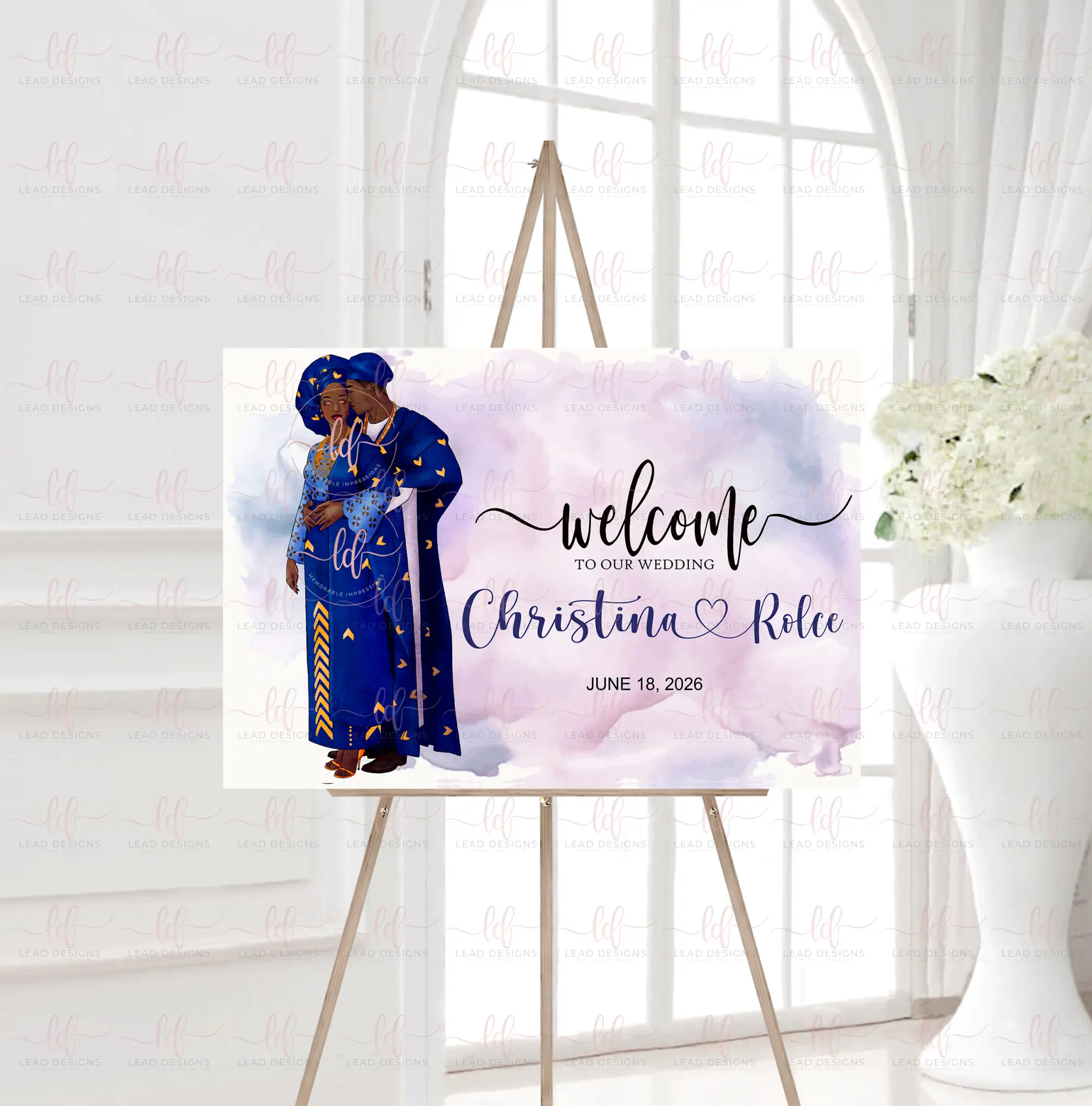 Ade Yoruba Traditional Wedding Welcome Sign | Aso Oke & Agbada Illustration | Digital File – Multiple Color Options
