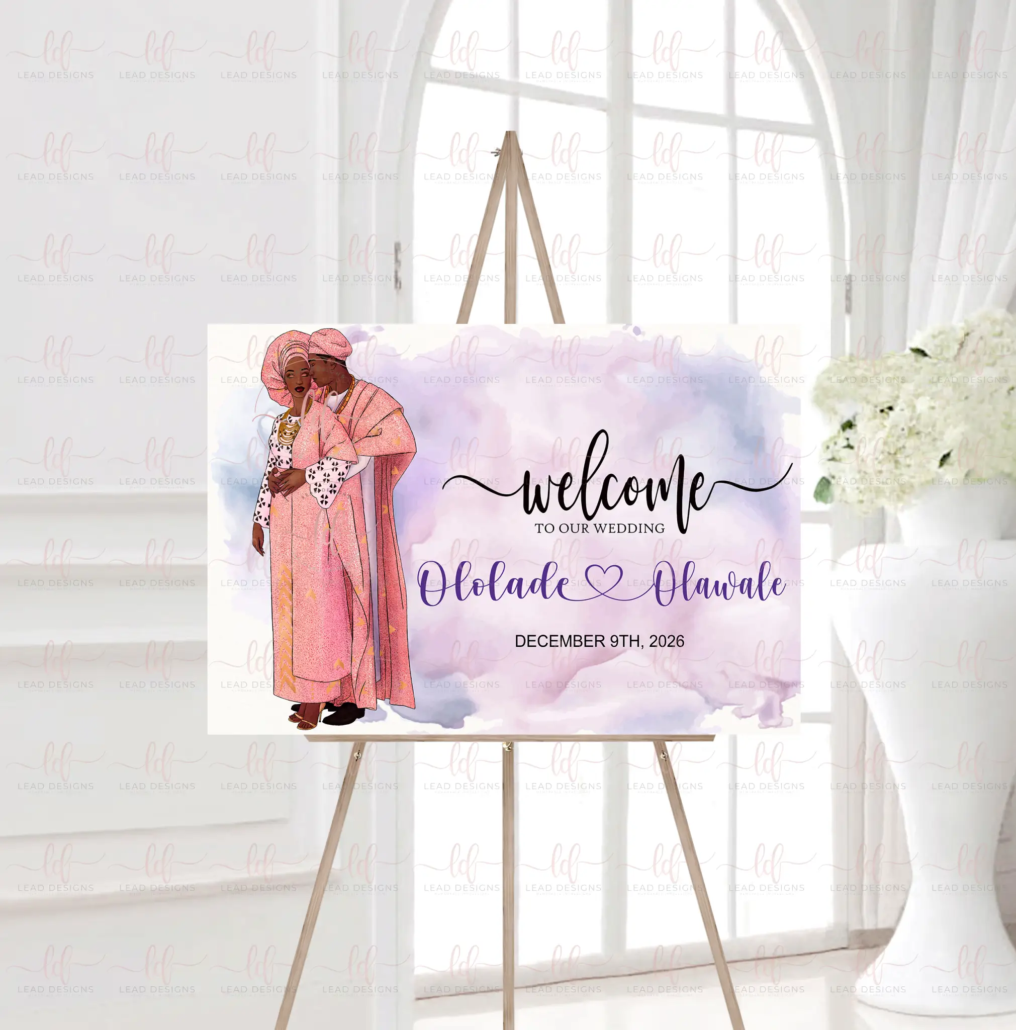 Ade Yoruba Traditional Wedding Welcome Sign | Aso Oke & Agbada Illustration | Digital File – Multiple Color Options