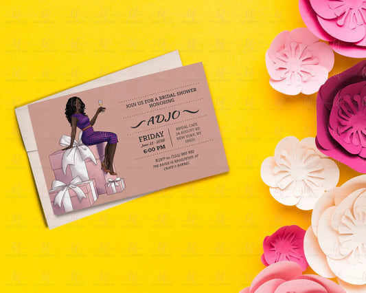 bridal shower party invitation card featuring a black woman wearing a dress made of ankara print