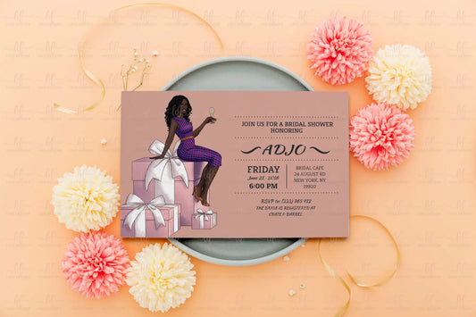 Bachelorette party invitation card featuring a black woman wearing a dress made of ankara print