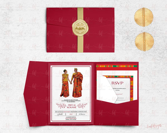 picture of a traditional african wedding invitation with illustrations of a couple. This invitation is shown on a pocketfold 