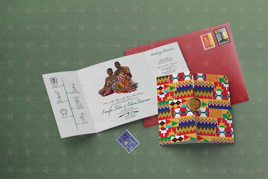 A gatefold wedding invitation with a vibrant kente pattern on the outside and an illustration of a couple dressed in traditional Ghanaian attire on the inside. The couple is adorned in gold jewelry and pearls, and the card features African-inspired icons. The invitation is customizable and printed on high-quality #130lb cardstock.