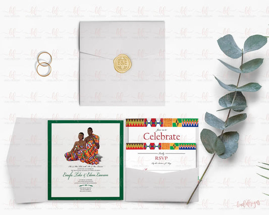 ghanaian traditional wedding invitation with illustration of a couple in traditional attired