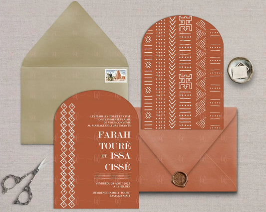 Bogolan Modern African Traditional Wedding Invitations - Terra Semi Arch Design Shaped Invitationss