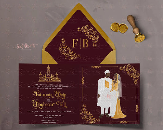 Elegant Senegalese Wedding Invitation With Bazin Fabric Illustration Bifold Invitations