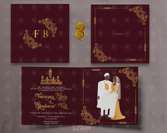 Elegant Senegalese Wedding Invitation With Bazin Fabric Illustration Bifold Invitations
