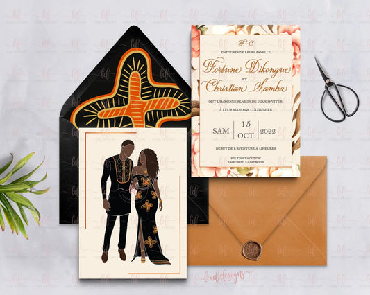 Kameni Cameroonian Traditional Wedding Invitation - Fully Customizable Abstract Invitations