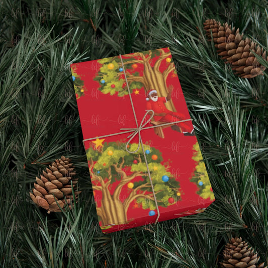 Santa Under A Christmas Baobab- Gift Wrapping Paper Sheet 30 X 20 / Satin Christmas Wrapping Paper